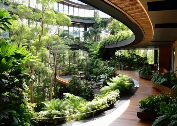 Indoor lush green garden with curved wooden walkway and glass walls.