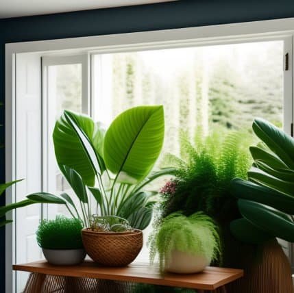 Indoor houseplants on a wooden table by a bright window.