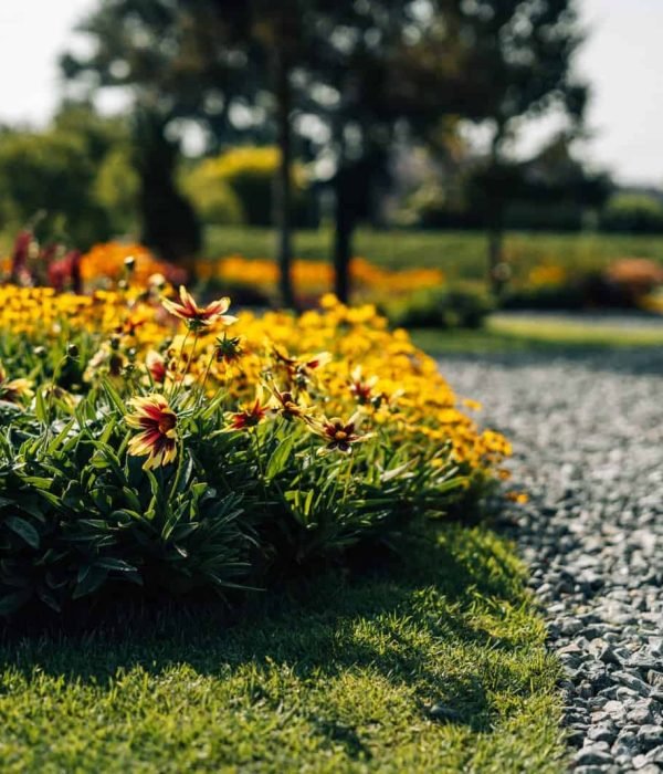 Beautiful landscaped garden with colorful flowers and gravel pathway.